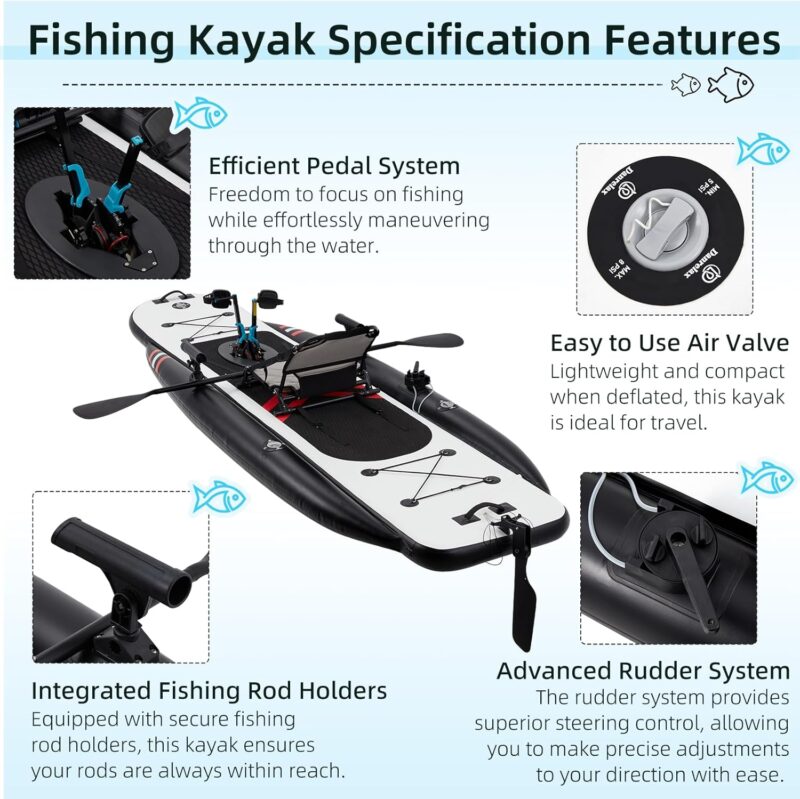 Inflatable Kayak with Pedal System, 12ft PVC Premium Fishing Kayak, Lightweight & Portable with Aluminum Seat, Rudder System, and Accessories Included - Image 5