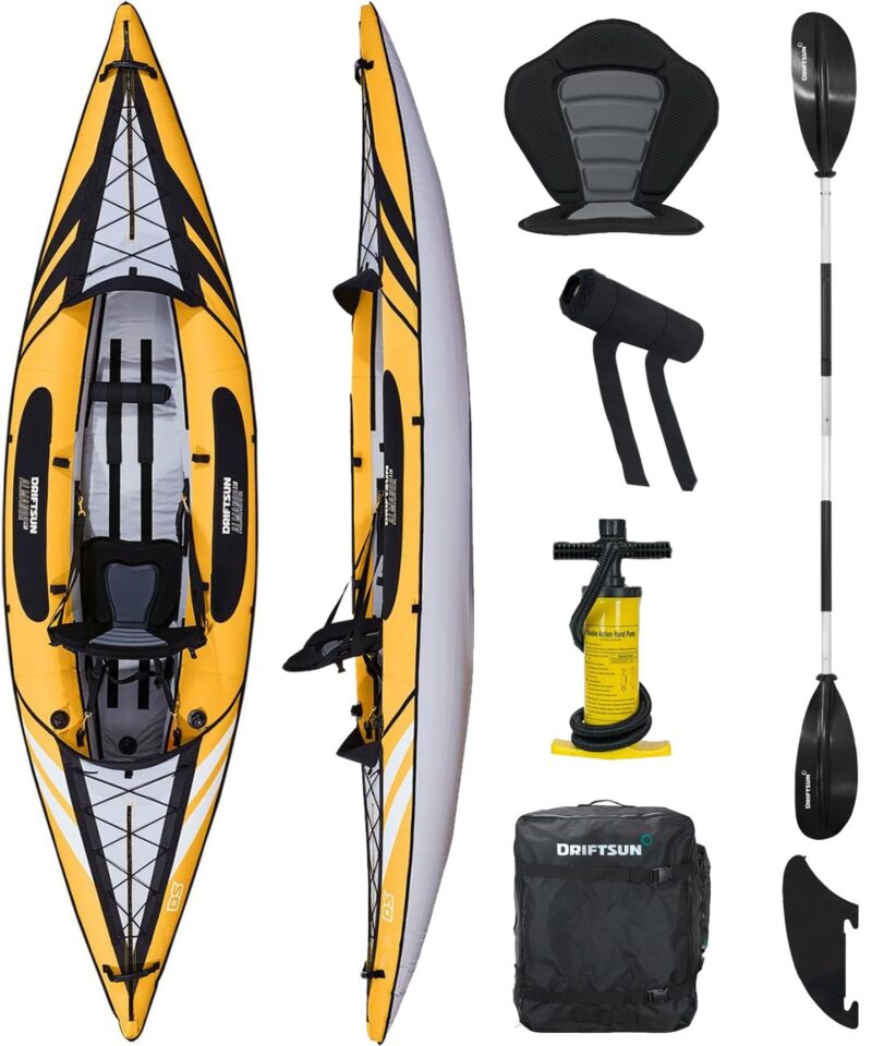 Driftsun Almanor Inflatable Kayak - Inflatable Touring Kayak - 1 & 2 Person Kayaks for Adults with EVA Padded Seats, High Back Support, Paddles, Pump - Image 2