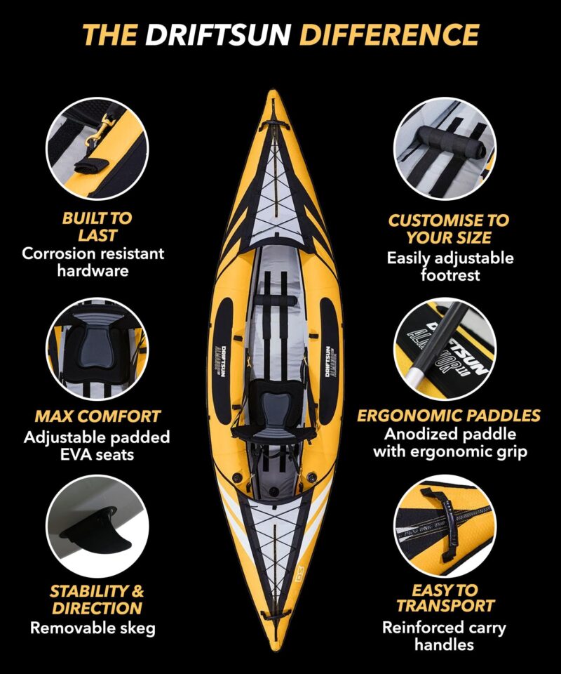 Driftsun Almanor Inflatable Kayak - Inflatable Touring Kayak - 1 & 2 Person Kayaks for Adults with EVA Padded Seats, High Back Support, Paddles, Pump - Image 11