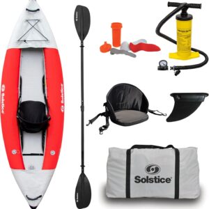 Solstice Flare 1 Person Inflatable Fishing Kayak Boat for Adults & Kids 9'6'' X 35'' | Incl. Adjustible Bucket Seat, Bungee Storage, Skeg, Pump & Bag | Heavy Duty Dropstitch & PVC Material