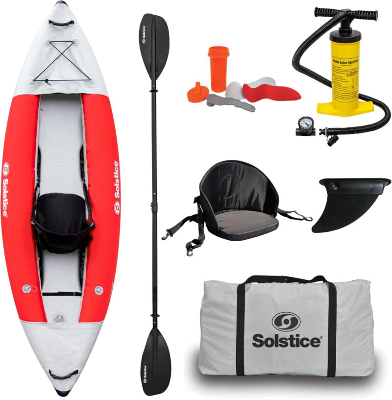 Solstice Flare 1 Person Inflatable Fishing Kayak Boat for Adults & Kids 9'6'' X 35'' | Incl. Adjustible Bucket Seat, Bungee Storage, Skeg, Pump & Bag | Heavy Duty Dropstitch & PVC Material