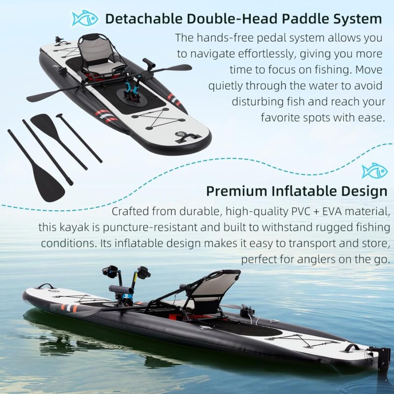 Inflatable Kayak with Pedal System, 12ft PVC Premium Fishing Kayak, Lightweight & Portable with Aluminum Seat, Rudder System, and Accessories Included - Image 7