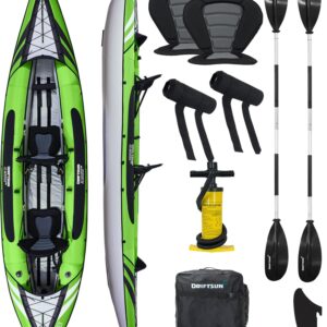 Driftsun Almanor Inflatable Kayak - Inflatable Touring Kayak - 1 & 2 Person Kayaks for Adults with EVA Padded Seats, High Back Support, Paddles, Pump