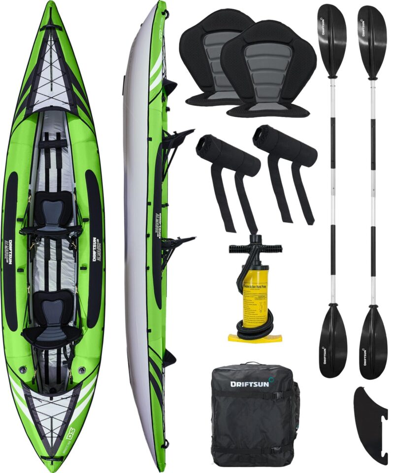 Driftsun Almanor Inflatable Kayak - Inflatable Touring Kayak - 1 & 2 Person Kayaks for Adults with EVA Padded Seats, High Back Support, Paddles, Pump