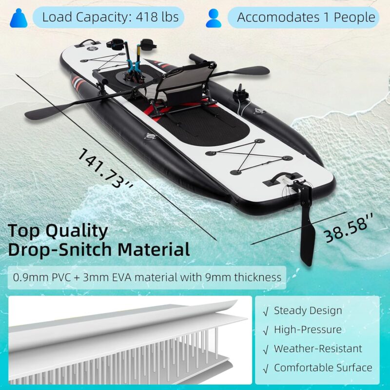 Inflatable Kayak with Pedal System, 12ft PVC Premium Fishing Kayak, Lightweight & Portable with Aluminum Seat, Rudder System, and Accessories Included - Image 3