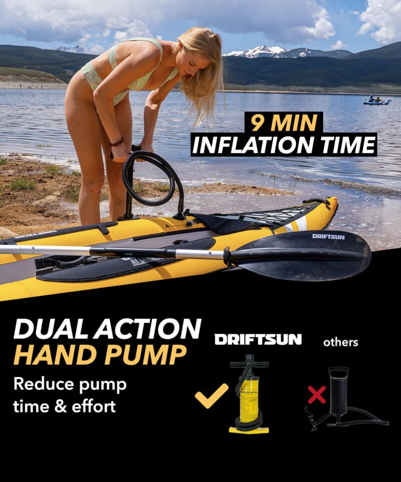 Driftsun Almanor Inflatable Kayak - Inflatable Touring Kayak - 1 & 2 Person Kayaks for Adults with EVA Padded Seats, High Back Support, Paddles, Pump - Image 12