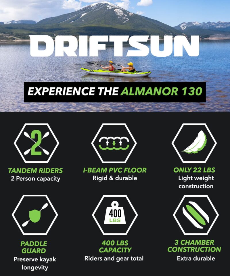 Driftsun Almanor Inflatable Kayak - Inflatable Touring Kayak - 1 & 2 Person Kayaks for Adults with EVA Padded Seats, High Back Support, Paddles, Pump - Image 4
