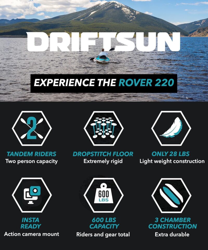 Driftsun Rover Inflatable Kayak - Inflatable White Water Kayak - Inflatable 1 and 2 Person Kayaks for Adults with High Pressure Floor, Padded Seats, Action Cam Mount, Aluminum Paddles, and Pump - Image 4