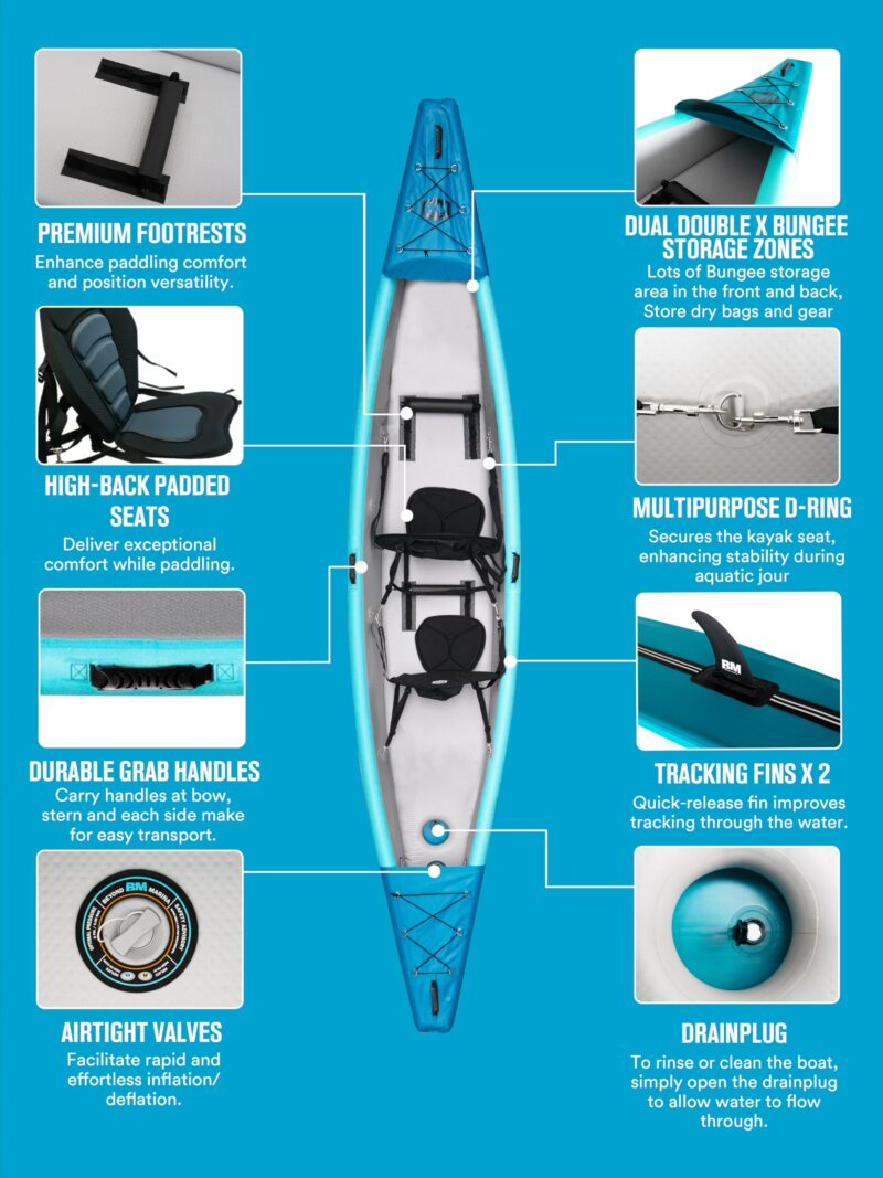 BEYOND MARINA Inflatable Kayak 1 & 2 & 3 Person Adult- Full Drop Stitch Kayak with Aluminum Paddles, Seats, Footrests, Pump, Fins - Image 11