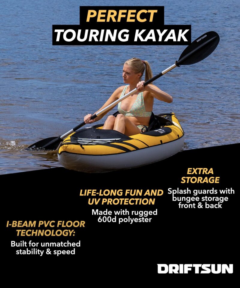 Driftsun Almanor Inflatable Kayak - Inflatable Touring Kayak - 1 & 2 Person Kayaks for Adults with EVA Padded Seats, High Back Support, Paddles, Pump - Image 9
