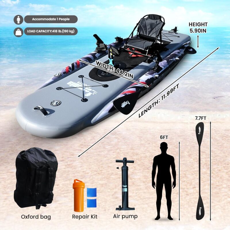Inflatable Fishing Kayak for Adults - 1 Person, Pedal Drive, Folding, with Movable Seat, Hand Pump & Paddle & Oxford Bag, 410lbs Capacity - Image 5