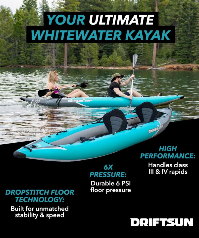 Driftsun Rover Inflatable Kayak - Inflatable White Water Kayak - Inflatable 1 and 2 Person Kayaks for Adults with High Pressure Floor, Padded Seats, Action Cam Mount, Aluminum Paddles, and Pump - Image 2