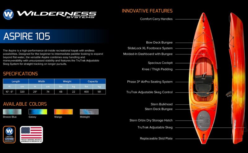 Wilderness Systems Aspire 105 | Sit Inside Recreational Kayak | Adjustable Skeg - Phase 3 Air Pro Seating | 10' 6" - Image 22