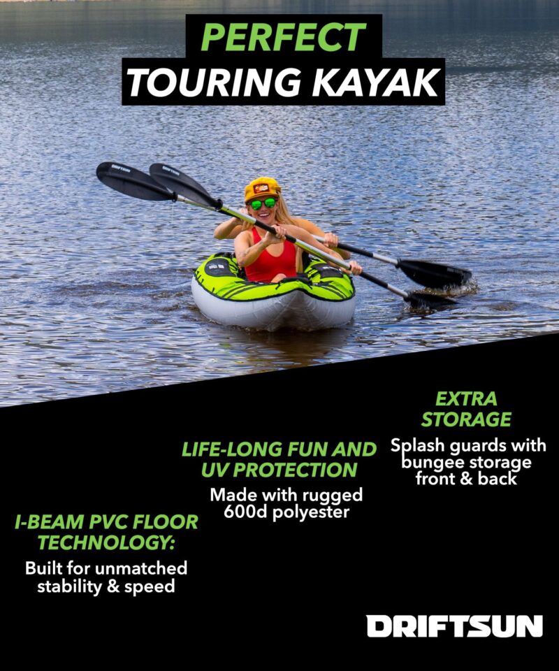 Driftsun Almanor Inflatable Kayak - Inflatable Touring Kayak - 1 & 2 Person Kayaks for Adults with EVA Padded Seats, High Back Support, Paddles, Pump - Image 3